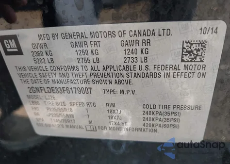 2015 Chevrolet Equinox Ltz z USA, uszkodzony, nr VIN 2GNFLDE33F6179007